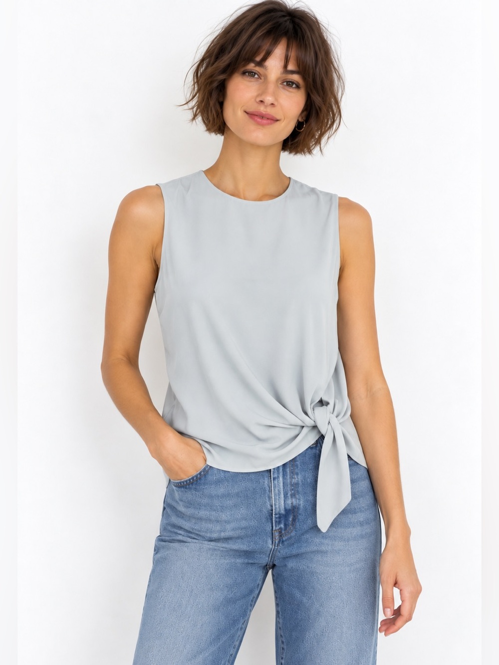 Babaton Aritzia Asymmetrical Tie Front Blouse Light Blue Size S